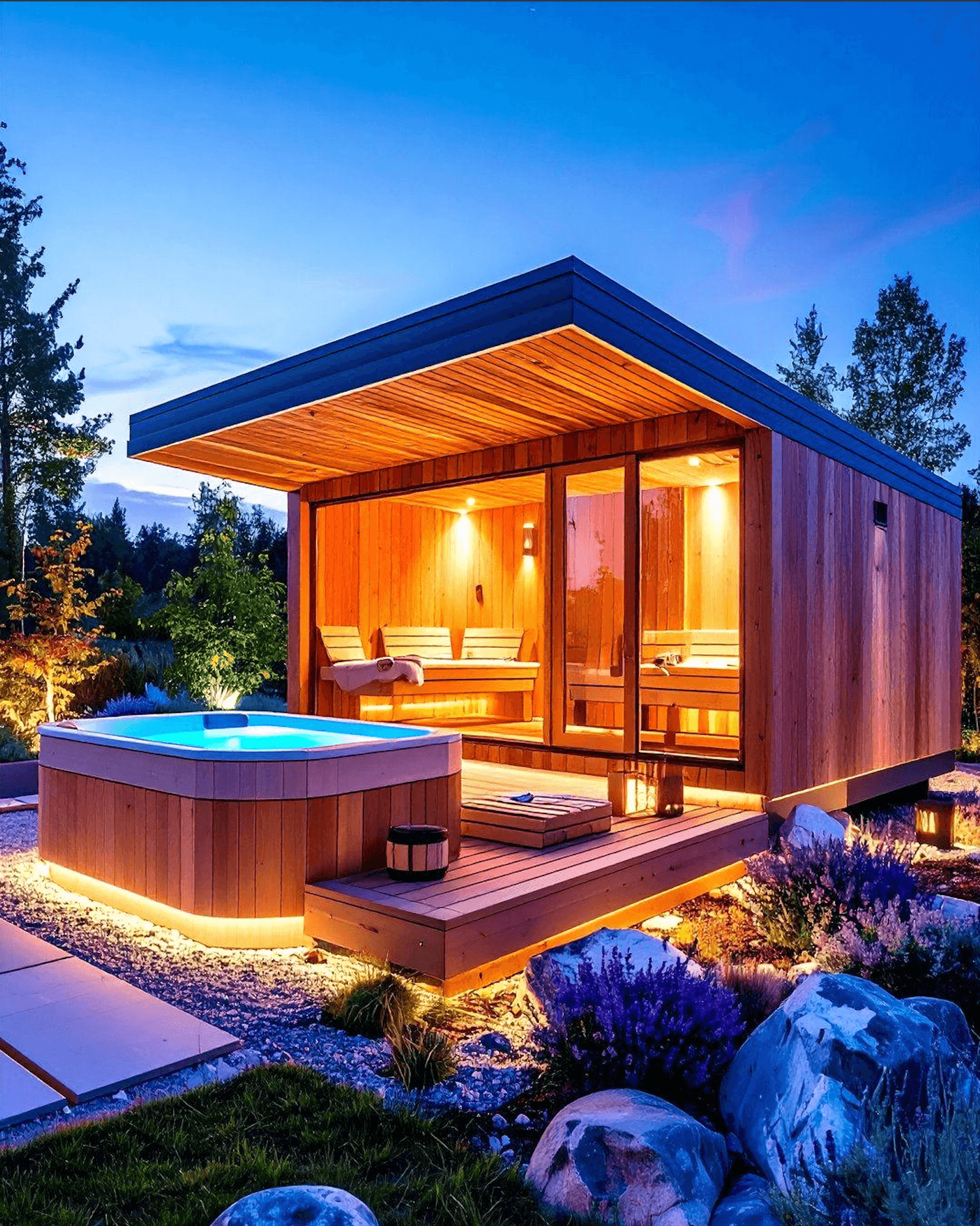 Cedar sauna and hot tub at dusk