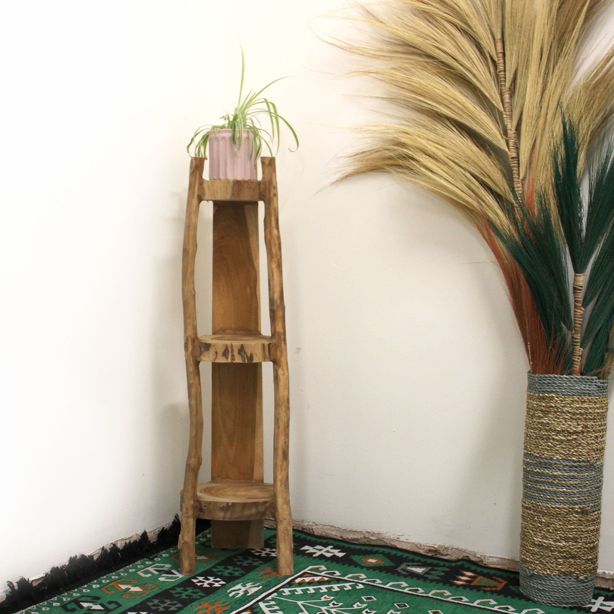 Natural Teak Corner Shelf Unit – 3 Tier Display Stand 90cm | Kaiku