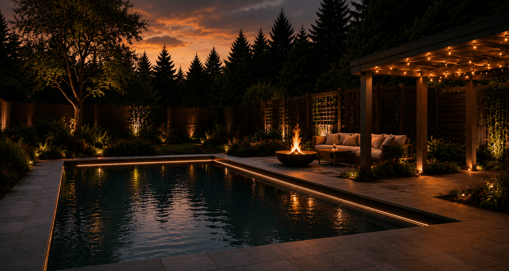 A lit garden terrace at dusk