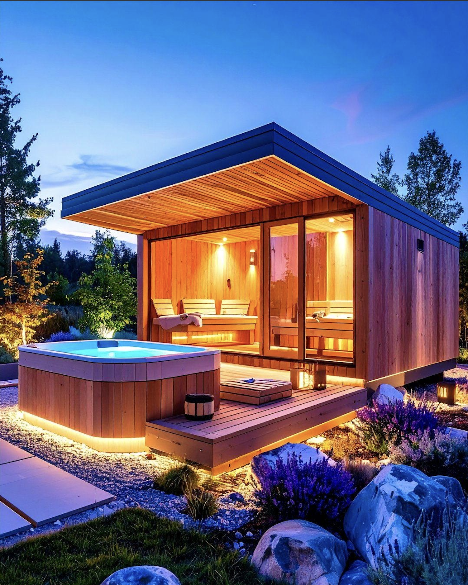 Cedar sauna and hot tub at dusk